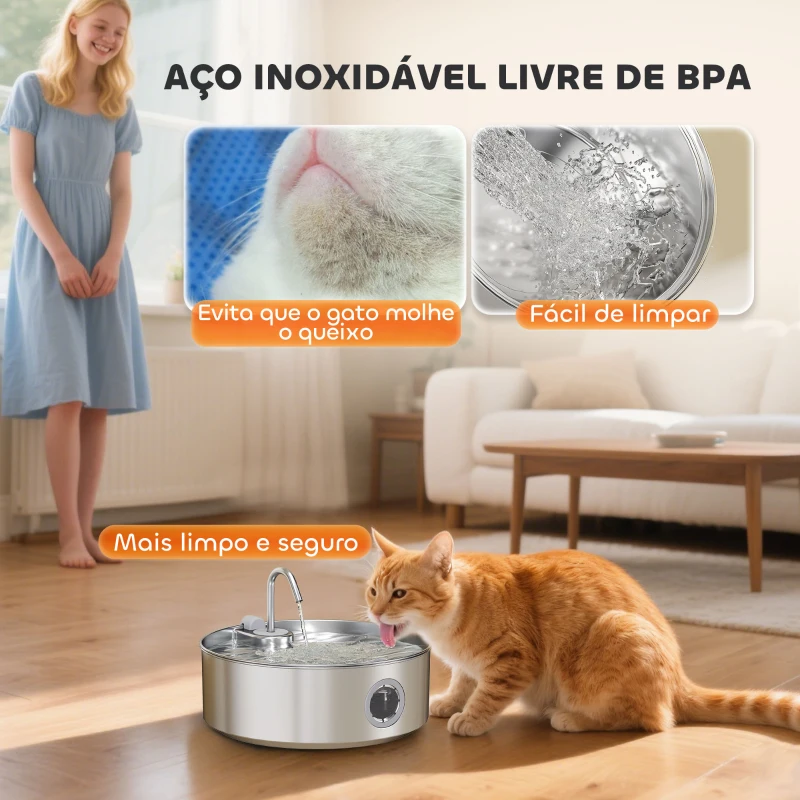 PawHut Fonte para Gatos em Aço Inoxidável 7L Silencioso Fonte de Água para Animais Automática com Sistema de Filtros Luz LED 30,5x31,2x19,3 cm Prata