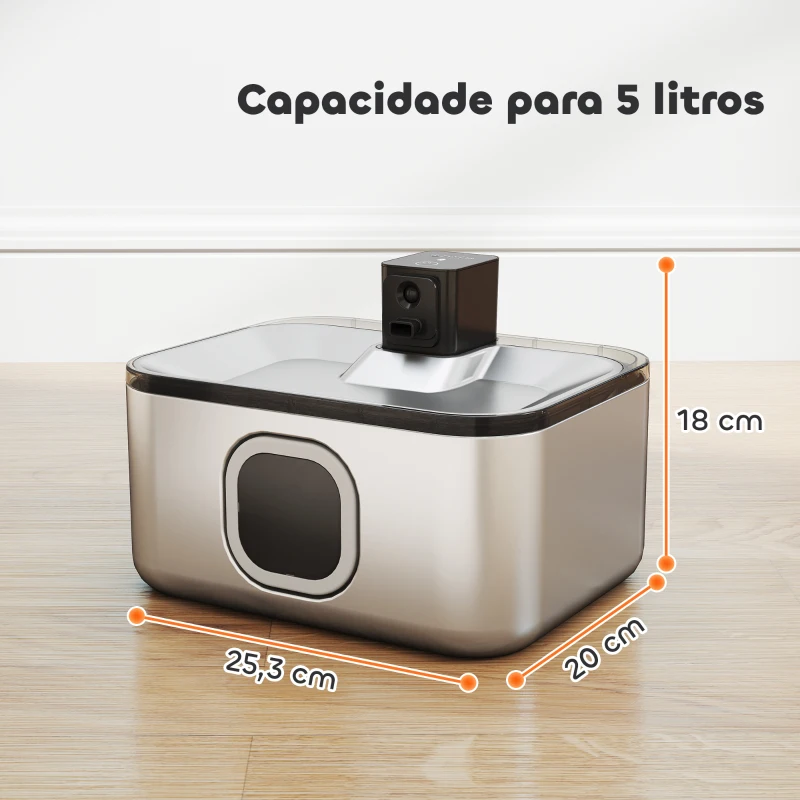 PawHut Fonte de Água para Gatos de Aço Inoxidável 5L Bebedouro Automático com Luz LED Sensor de Movimento e Filtro 25,3x20x18 cm Preto