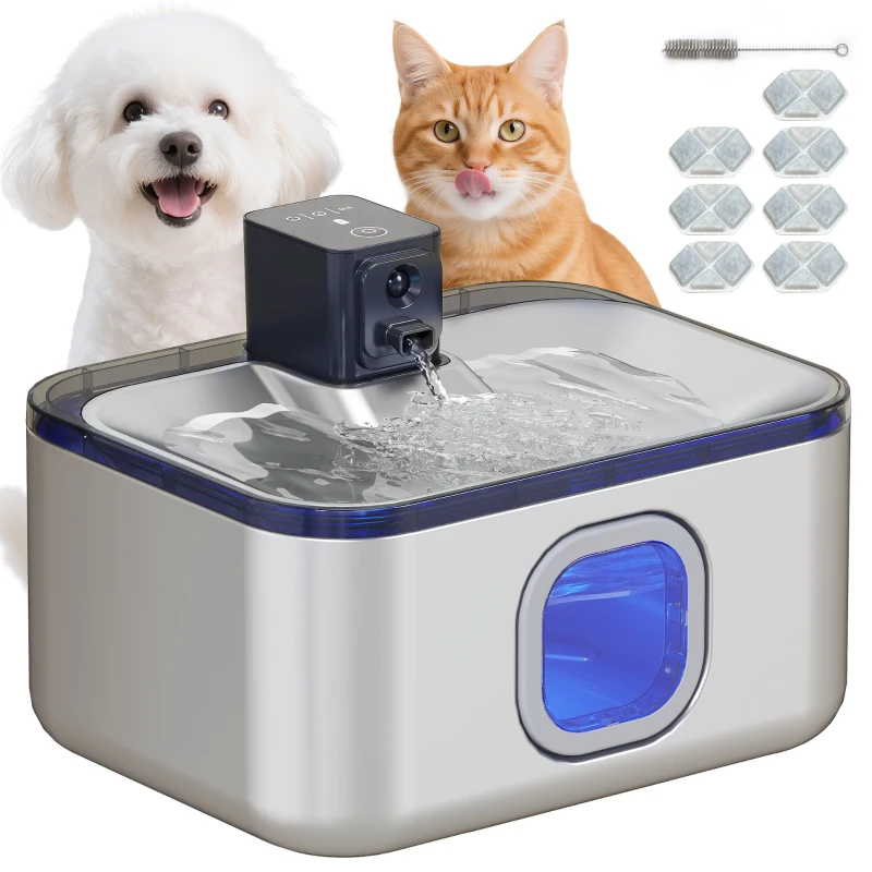 PawHut Fonte de Água para Gatos de Aço Inoxidável 5L Bebedouro Automático com Luz LED Sensor de Movimento e Filtro 25,3x20x18 cm Preto