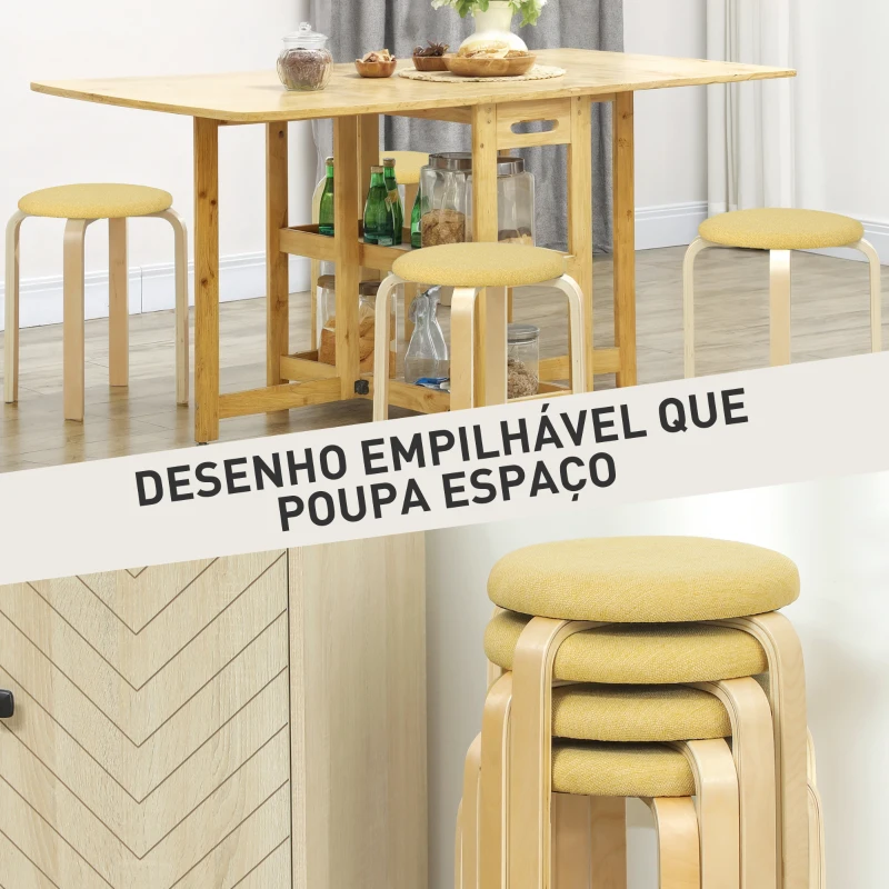 HOMCOM Conjunto de 4 Bancos Empilháveis Redondos Bancos Baixos de Cozinha com Assento Acolchoado Ø40x45 cm Amarelo e Madeira