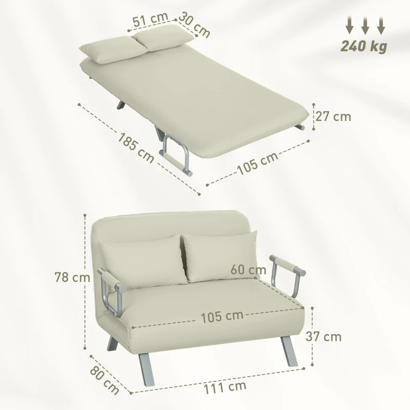 HOMCOM Sofá Cama de 2 Lugares Estofado em Camurça Sintética com Encosto Ajustável em 5 Níveis e 2 Almofadas 111x80x78 cm Bege