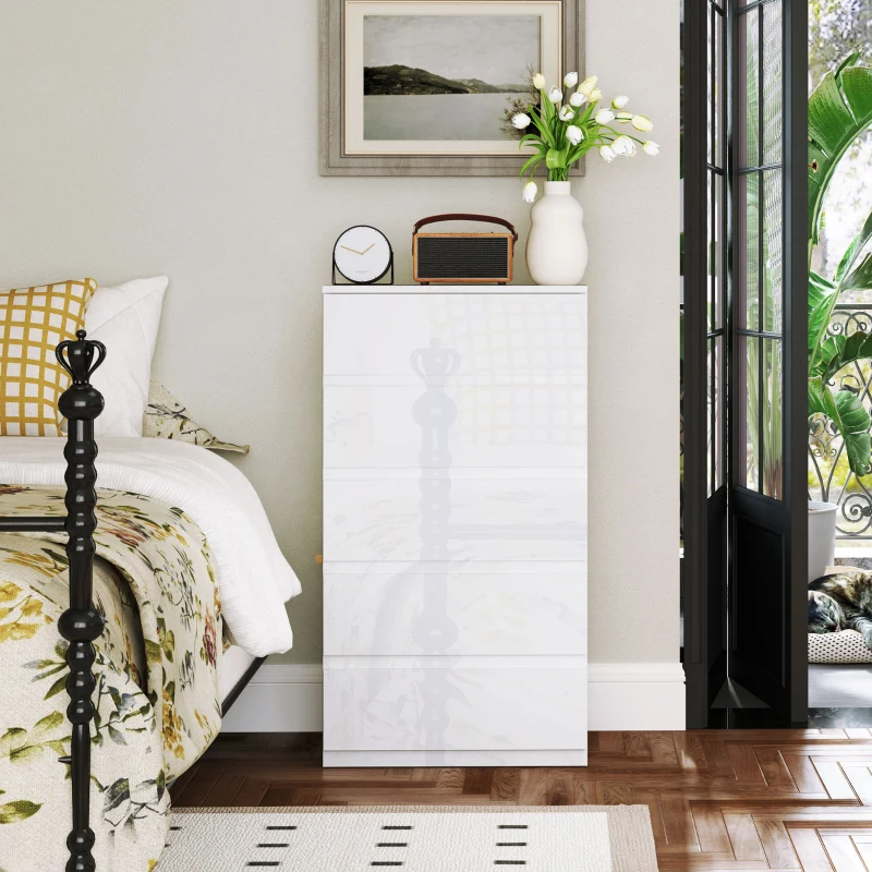 HOMCOM Cassettiera 5 Cassetti in Legno, Comò per Camera da Letto Moderno e Multiuso, 55x33x100 cm, Bianco