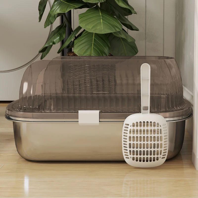 PawHut Caixa de Areia para Gatos Fechada com Bandeja em Aço Inoxidável Bordas Altas Pá e Degrau para Gatos Grandes 53x42x27 cm Cinzento