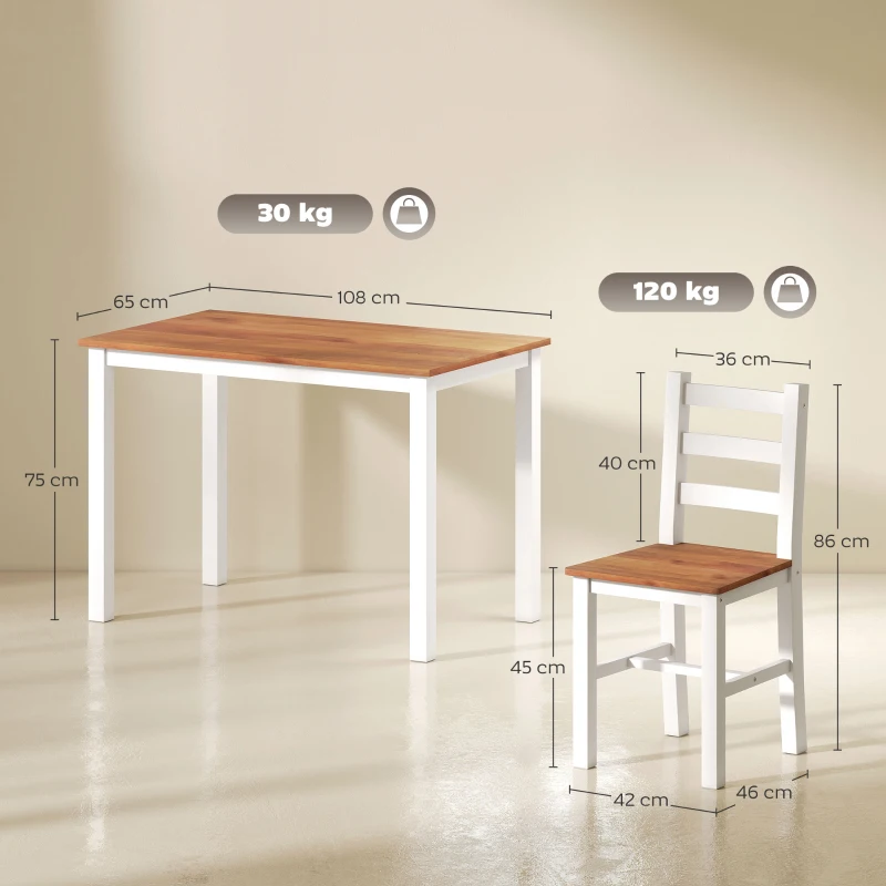 HOMCOM Conjunto de comedor de mesa y 4 sillas de madera de pino marrón y Blanco