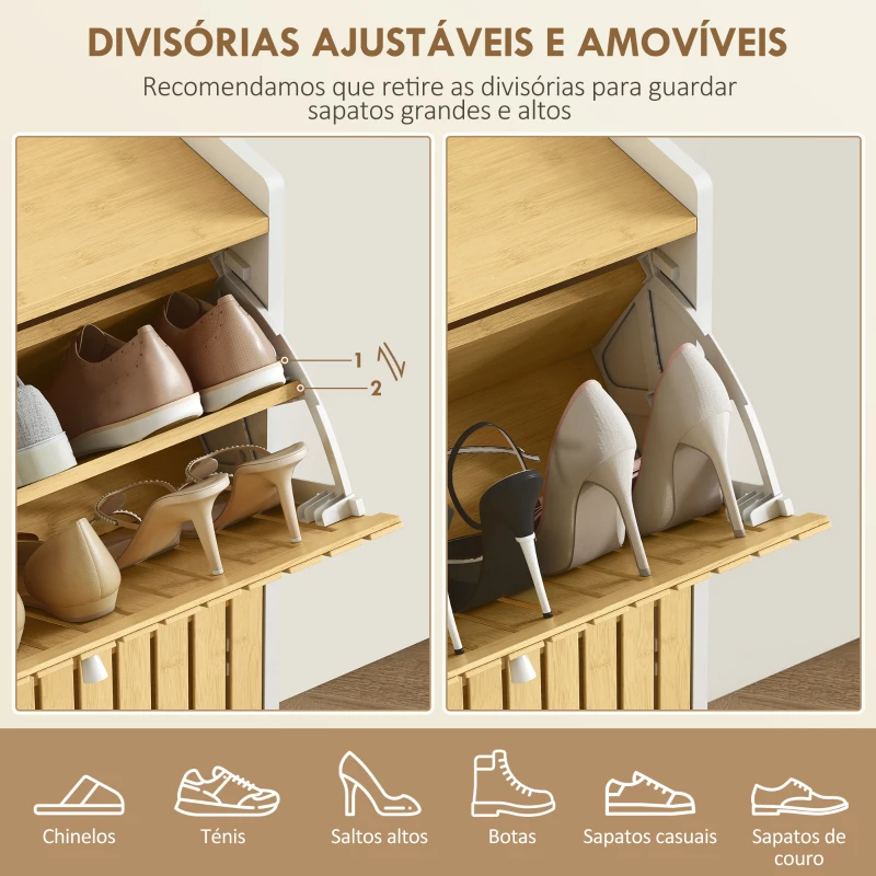 HOMCOM Sapateira Estreita com 2 Portas de Bambu Prateleiras Ajustáveis para 12 Pares de Sapatos  60x24x82,5 cm Branco e Madeira