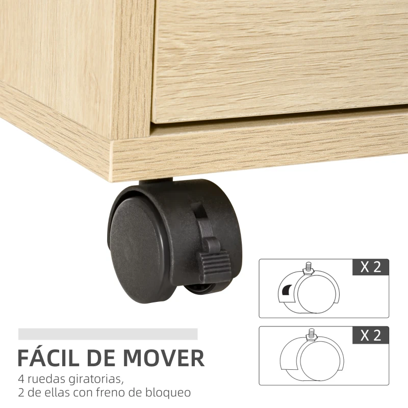 HOMCOM Cajonera de Oficina con 4 Cajones Cajonera de Escritorio con Ruedas para Estudio 46x40x65 cm Natural