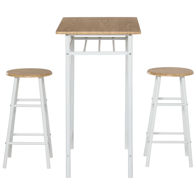 HOMCOM Bartisch Set Bartisch mit 2 Barhockern Essgruppe Küchentisch mit Lagerregal Esstisch für Esszimmer, Küche, Weiß