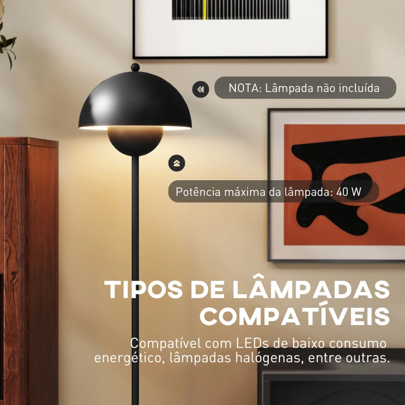 HOMCOM Candeeiro de Pé Moderno com Ecrã em Forma de Taça Refletora de Luz Interruptor de Pé Suporte E27 sem Lâmpada Ø35x155 cm Preto