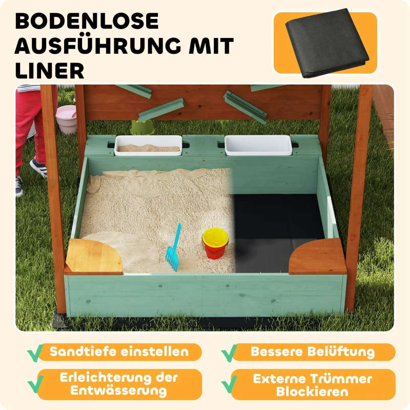 AIYAPLAY Sandkasten mit Sonnendach für Kinder, 2 Aufbewahrungsbehälter, 116L x 112,5B x 128H cm, Tannenholz, Kunststoff, Grün