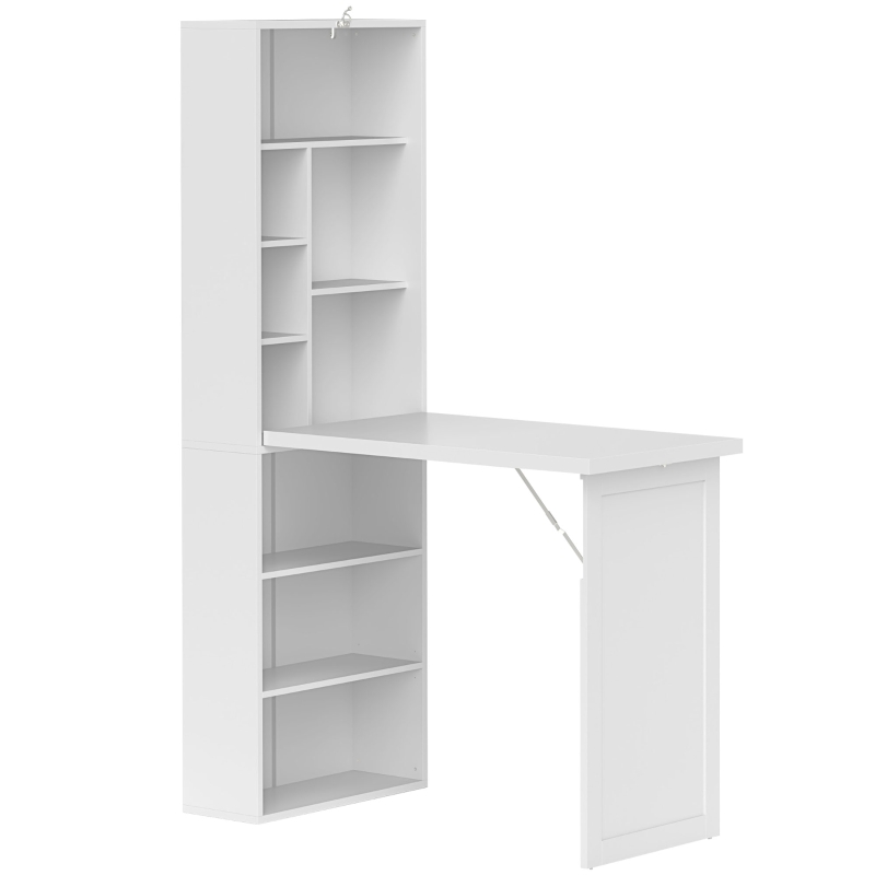 HOMCOM Escritorio de ordenador plegable con estantería, puesto de trabajo, tablero blanco y estante ajustable, 98x51x153cm, blanco