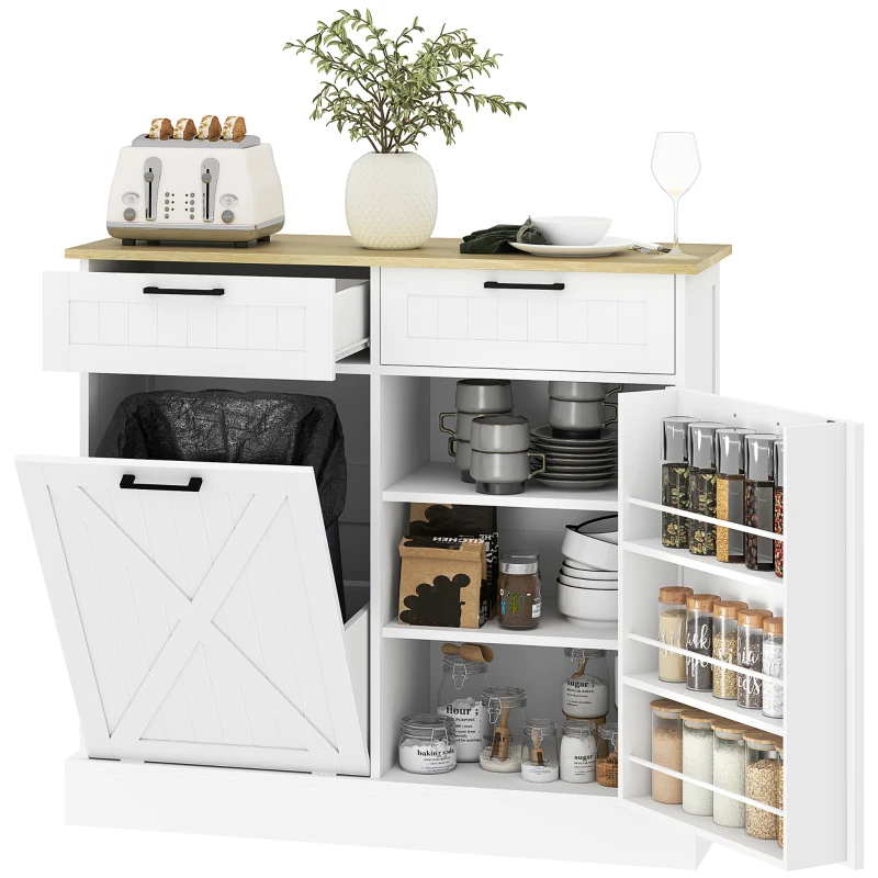 HOMCOM Buffet cuisine avec meuble poubelle 38L, meuble cuisine rangement, 2 tiroirs, étagère à épices et plan de travail, blanc(m-11)