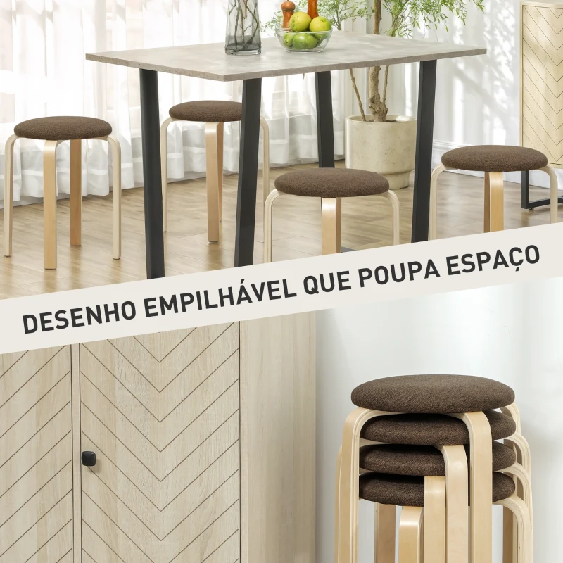 HOMCOM Conjunto de 4 Bancos Empilháveis Redondos Bancos Baixos de Cozinha com Assento Acolchoado Ø40x45 cm Marrom e Madeira