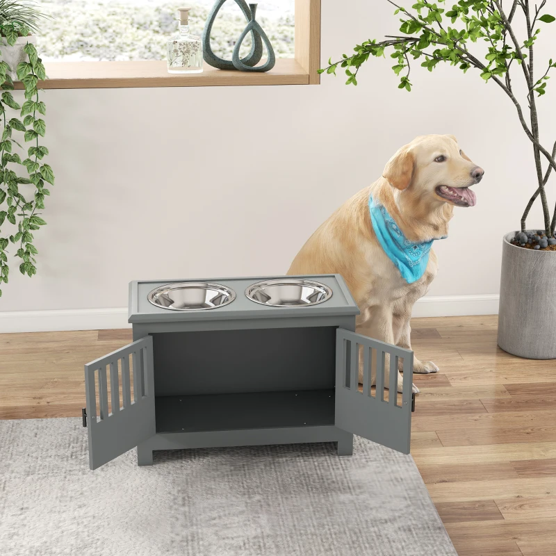 PawHut Station d'alimentation surélevée pour grands chiens, 2 bols en acier inoxydable, espace de rangement, 35,5x60x30 cm, Gris