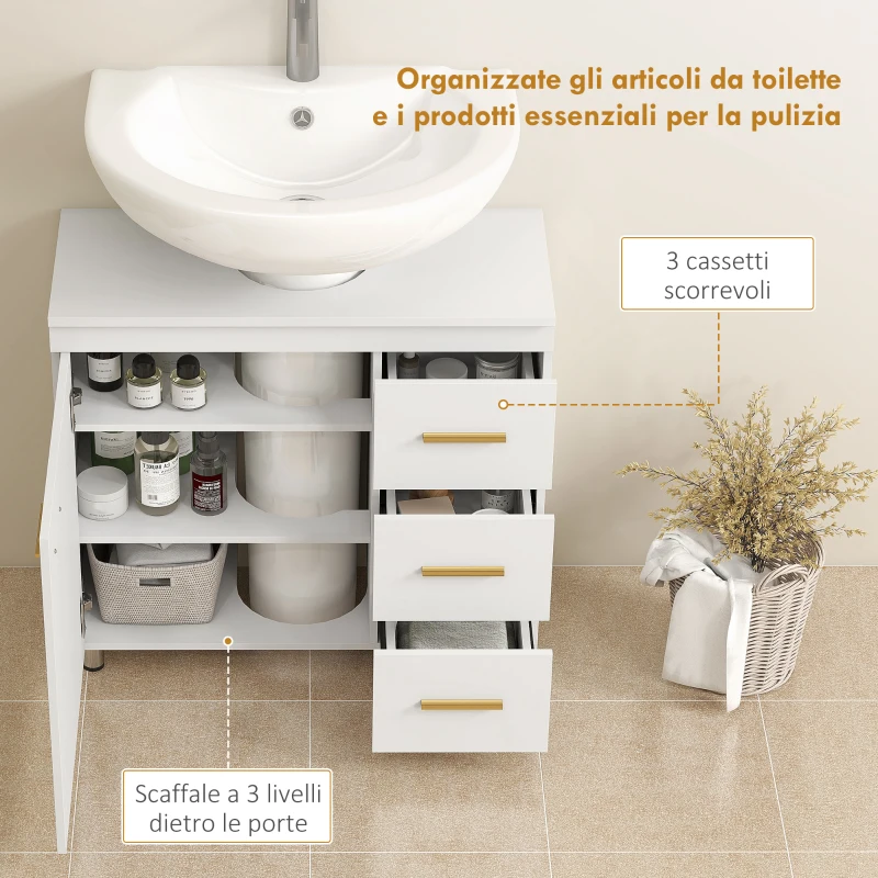HOMCOM Mobile Sottolavabo con Intaglio a U, Armadietto e 3 Cassetti, Chiusura Ammortizzata, 70x30x65 cm, Bianco