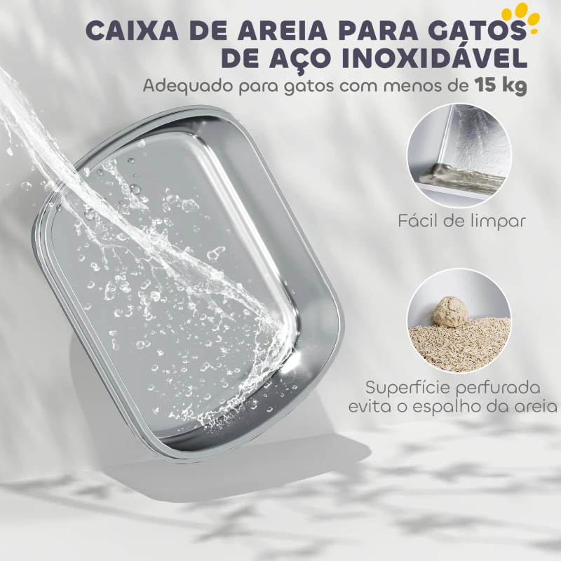 PawHut Caixa de Areia para Gatos Fechada com Bandeja em Aço Inoxidável Bordas Altas Pá para Gatos Grandes 53x42x27 cm Cinzento