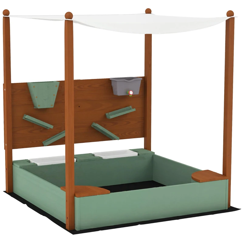 AIYAPLAY Wood Sandpit with Canopy, Storage Bins, Funnel, Liner, Chutes, Bucket with Tap, 116 x 112.5 x 128 cm, Green