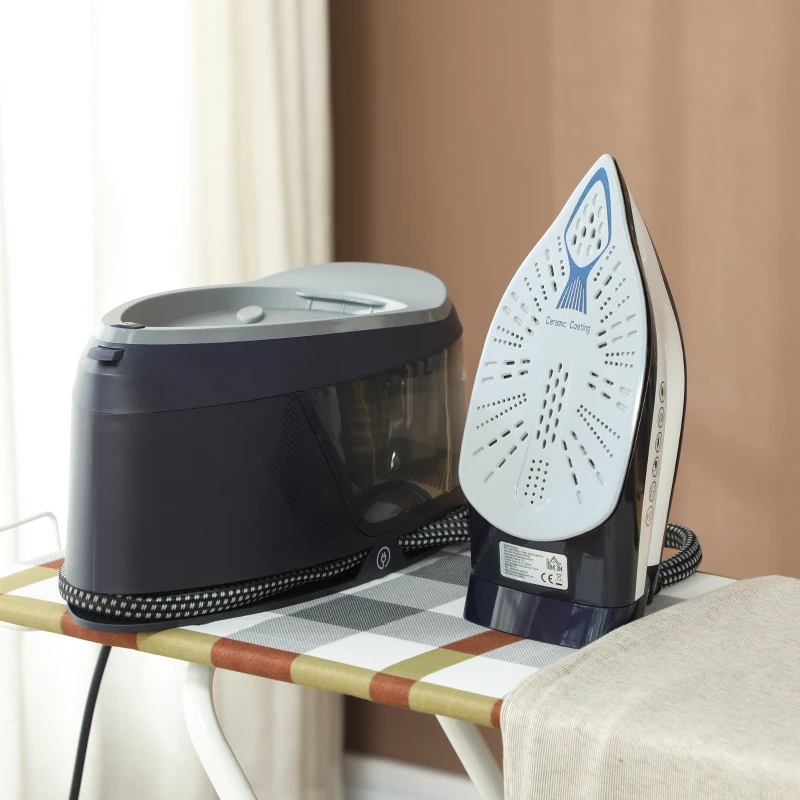 HOMCOM Ferro com Caldeira 2800W 100 g/min 8 Bares Função ECO Base de Cerâmica Desligamento Automático Sistema Anticalcário Autolimpeza Depósito Amovível 2 L Azul