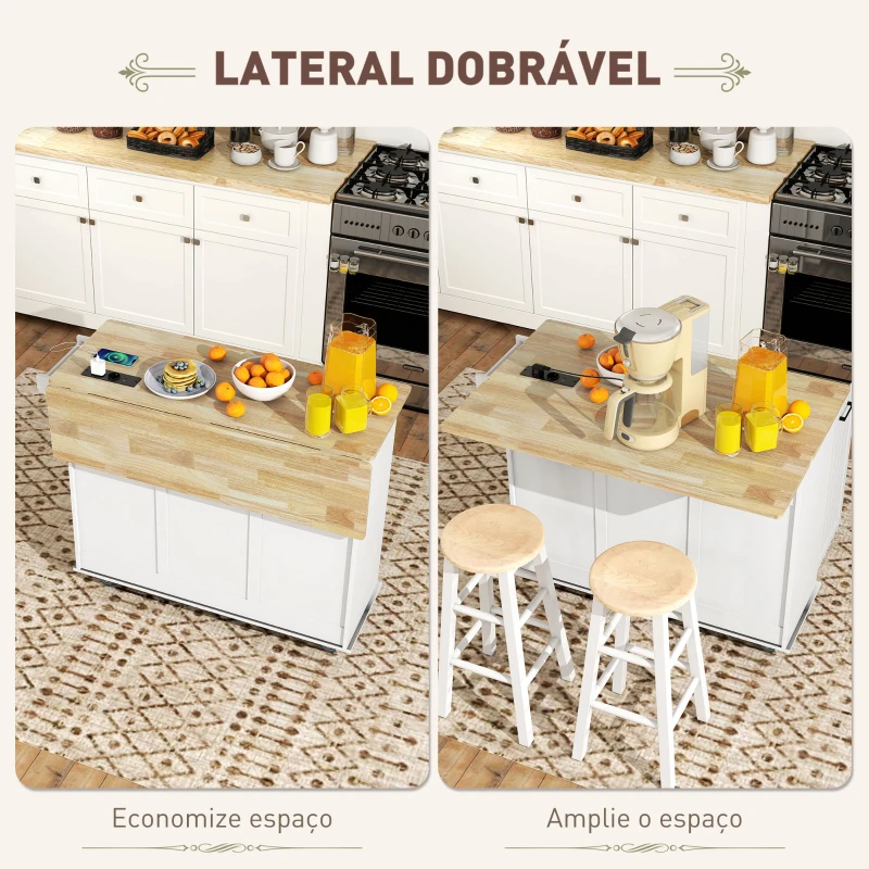HOMCOM Ilha de Cozinha com Rodas Carrinho de Cozinha com Tomada USB Bancada Rebatível 2 Gavetas 119,5x74x94,5 cm Branco