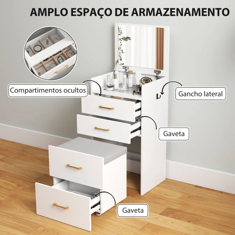 HOMCOM Toucador de Maquilhagem 3 em 1 com Banco Mesa de Maquilhagem com Espelho Gavetas e Bancada de Vidro Visível Toucador Moderno para Quarto 48x40x90 cm Branco