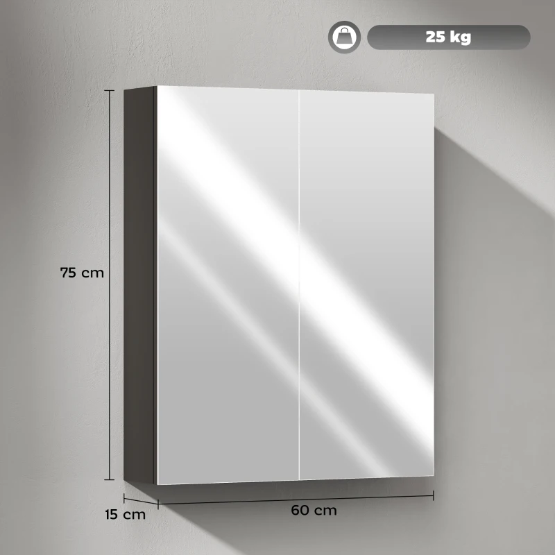 HOMCOM Armadietto Pensile Bagno 2 Ante con Specchiera e 2 Ripiani Interni in MDF, 60x15x75 cm, Nero