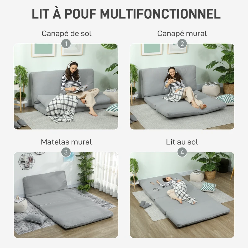 HOMCOM Canapé paresseux chauffeuse convertible pliable en 4 parties, charge 240 Kg, 137,5 x 85,5 x 74 cm, gris clair