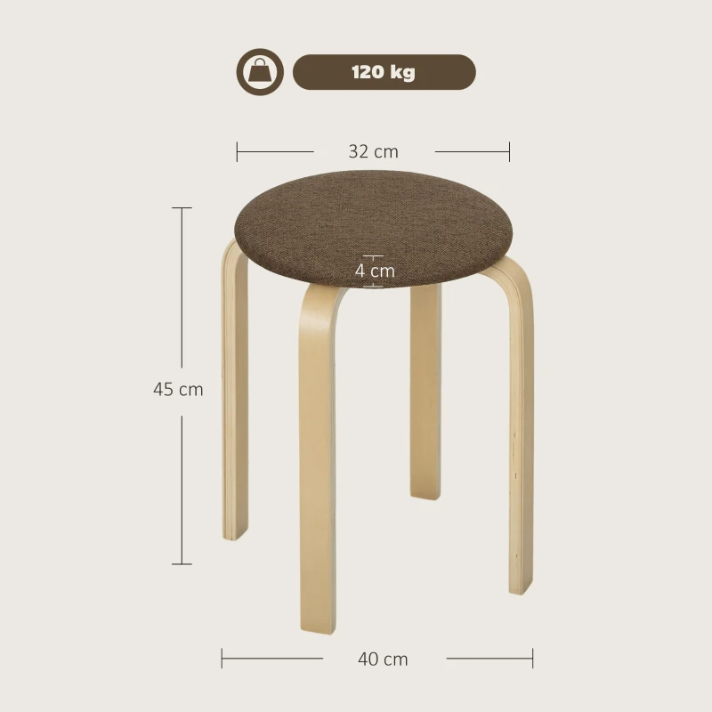 HOMCOM Conjunto de 4 Bancos Empilháveis Redondos Bancos Baixos de Cozinha com Assento Acolchoado Ø40x45 cm Marrom e Madeira