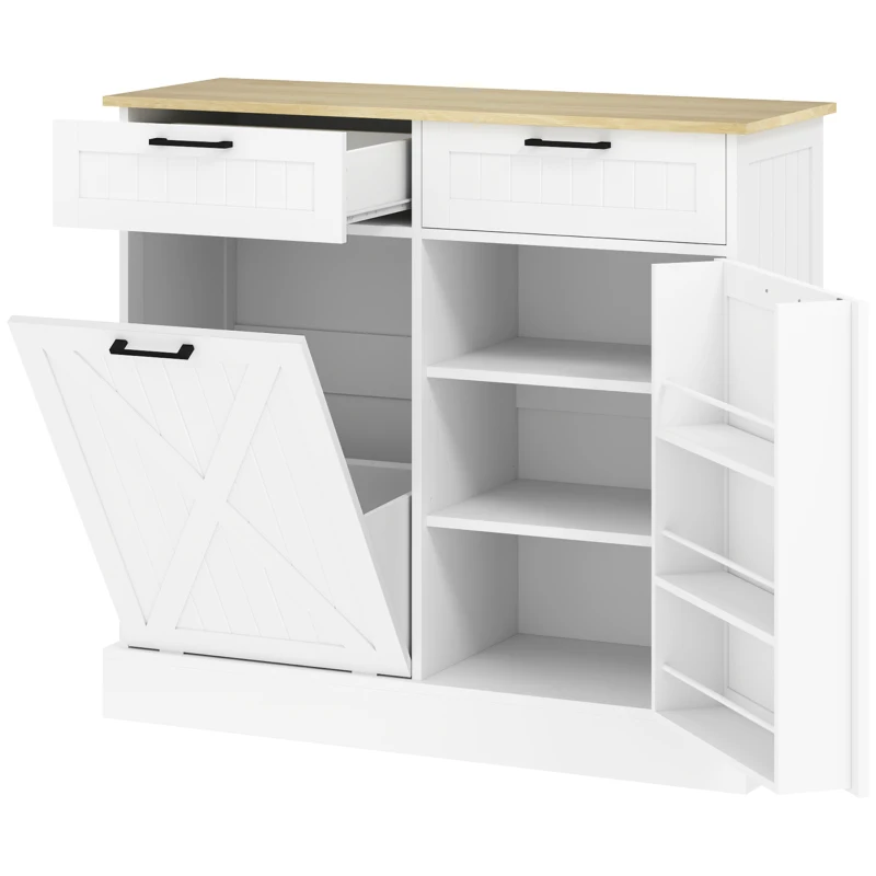 HOMCOM Buffet cuisine avec meuble poubelle 38L, meuble cuisine rangement, 2 tiroirs, étagère à épices et plan de travail, blanc(m-12)