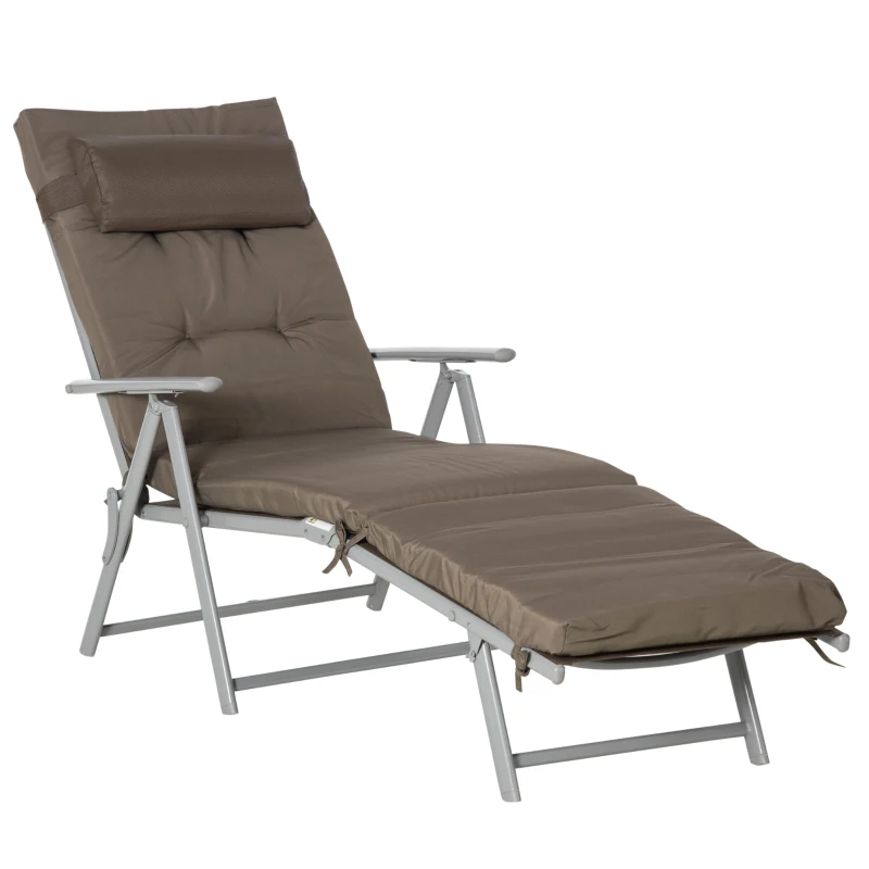 Outsunny Sonnenliege Strandliege Gartenliege klappbar verstellbar mit Kissen Garten Metall Stoff Braun+Silber 137 x 63,5 x 100,5 cm
