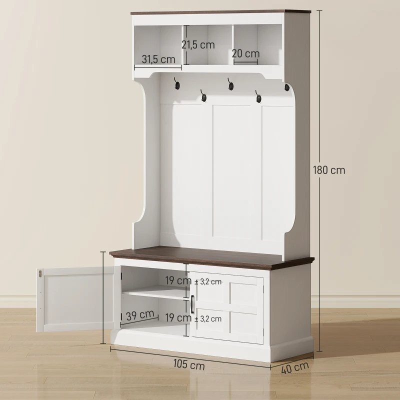 HOMCOM Móvel Cabide de Entrada com Banco Sapateira 5 Ganchos 3 Prateleiras Armário e Compartimentos Estilo Rústico 105x40x180 cm Branco