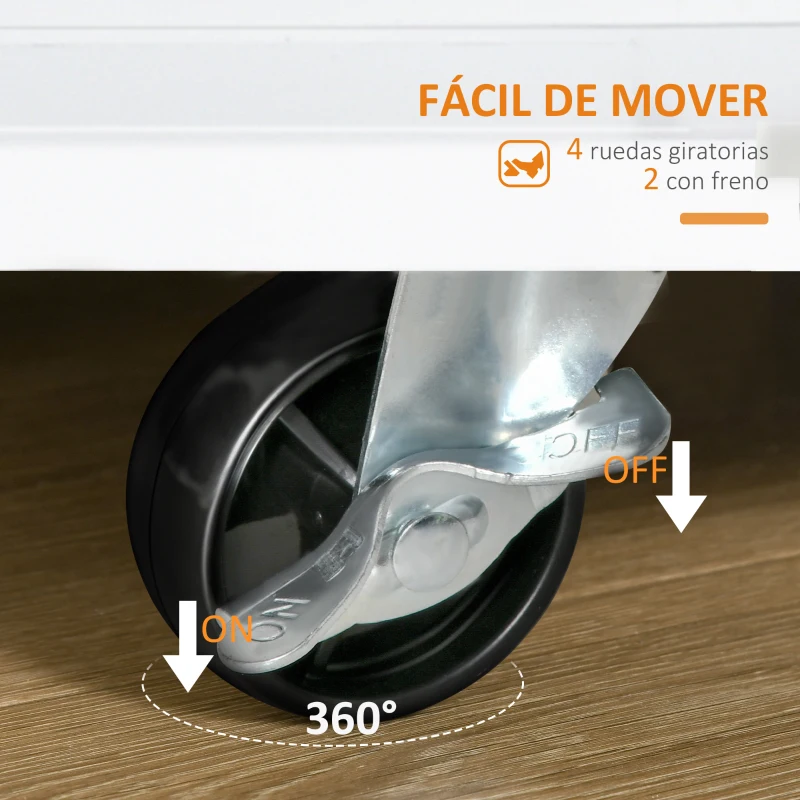 HOMCOM Carro de Cocina Auxiliar con Ruedas Carrito de Servicio con 2 Cajones Armario de Almacenaje Estante Interior Ajustable 3 Especieros y Barra para Colgar 89x45x89,5 cm Blanco