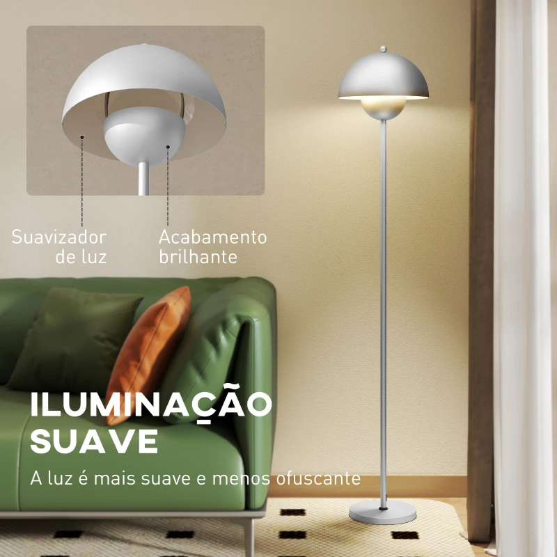 HOMCOM Candeeiro de Pé Moderno com Ecrã em Forma de Taça Refletora de Luz Interruptor de Pé Suporte E27 sem Lâmpada Ø35x155 cm Prata