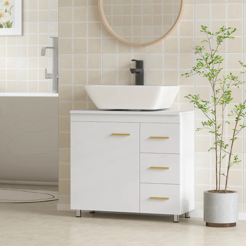 HOMCOM Mobile Sottolavabo con Intaglio a U, Armadietto e 3 Cassetti, Chiusura Ammortizzata, 70x30x65 cm, Bianco