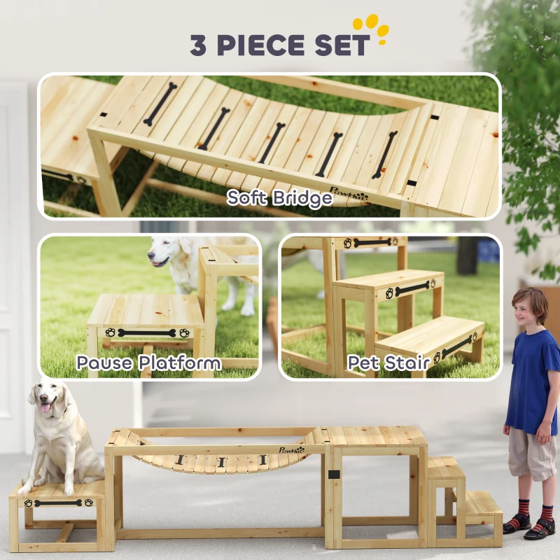 PawHut 3 Pieces Wooden Dog Agility Training Equipment with Soft Bridge, Pause Platform and Pet Stair for Outdoor, Natural Wood