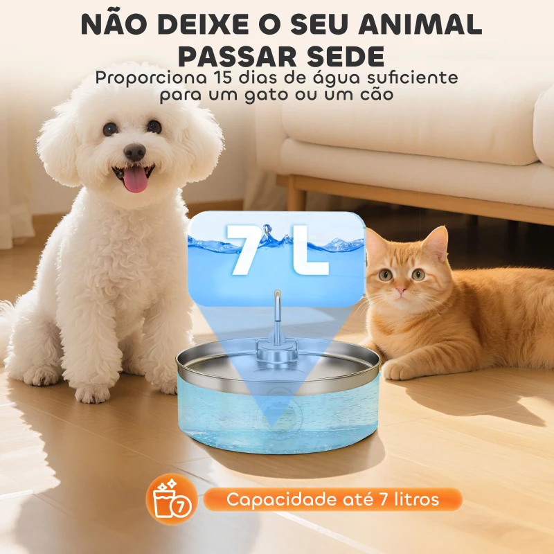 PawHut Fonte para Gatos em Aço Inoxidável 7L Silencioso Fonte de Água para Animais Automática com Sistema de Filtros Luz LED 30,5x31,2x19,3 cm Prata