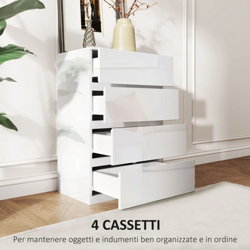 HOMCOM Cassettiera 4 Cassetti in Legno, Comò per Camera da Letto Moderno e Multiuso, 55x33x80 cm, Bianco