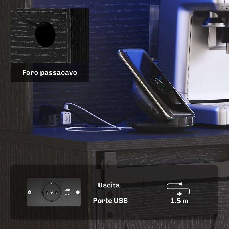 HOMCOM Credenza da Cucina Alta Stile Rustico con 2 Armadietti, Portabottiglie, Prese di Ricarica e Luci LED, Nero