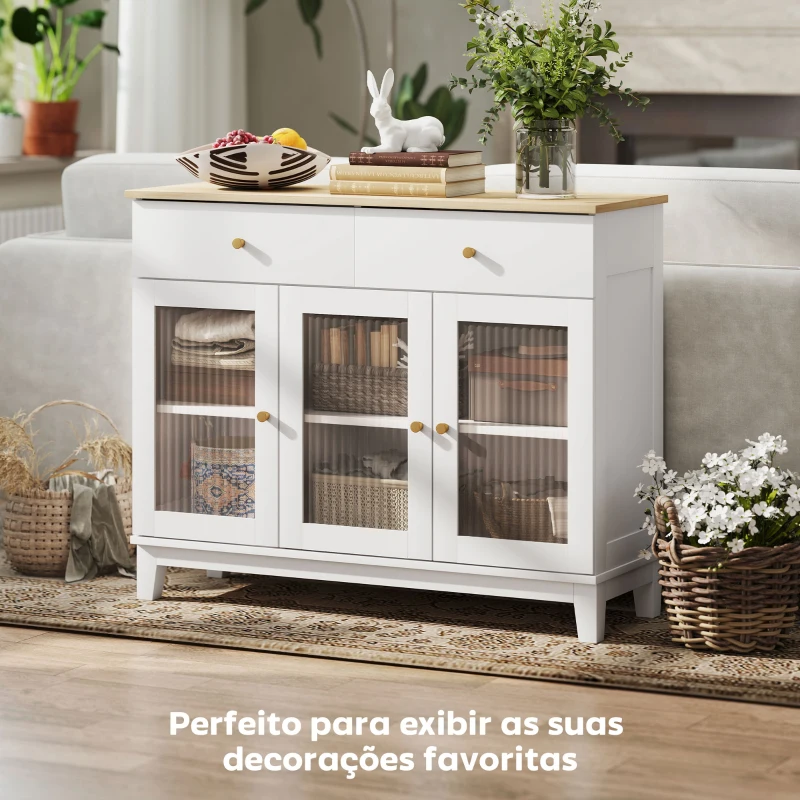 HOMCOM Aparador 3 Portas de Vidro Aparador para Sala Moderno com 2 Gavetas e Prateleiras Ajustáveis 100x35x80,3 cm Branco