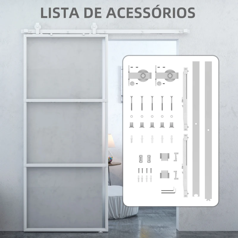 HOMCOM Porta de Correr de Vidro com Mecanismo de Fecho Suave para Casa de Banho Sala de Estar Cozinha 91,4x203,2 cm Branco