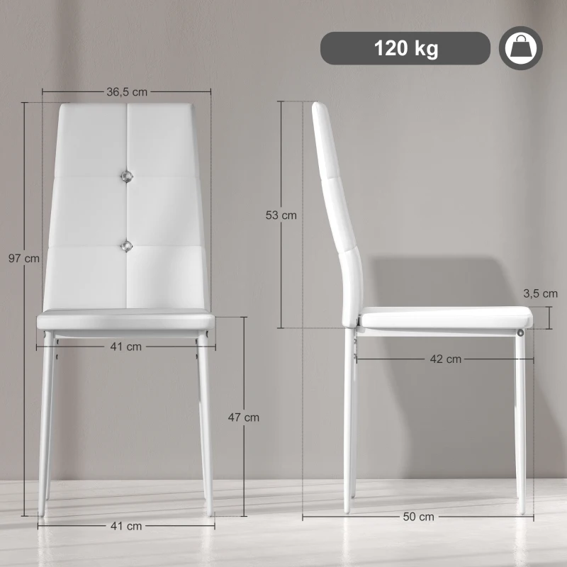 HOMCOM Juego de 6 Sillas de Comedor Tapizada en PU con Respaldo Alto con Botones y Patas de Acero Diseño Moderno Blanco