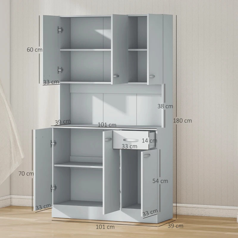 HOMCOM Alacena de Cocina Aparador de Comedor con 1 Cajón 6 Puertas y Estantes Ajustable Estilo Moderno 101x39x180 cm Gris