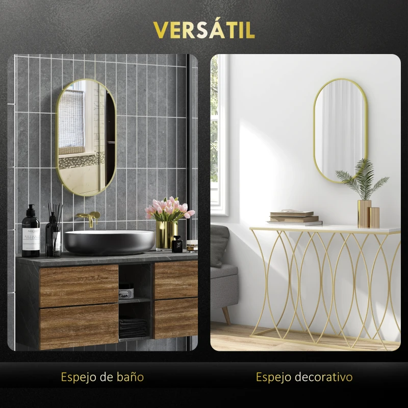 HOMCOM Espejo de Baño Ovalado 40x70 cm Espejo Decorativo de Pared con Marco de Aluminio para Salón Horizontal o Vertical Dorado