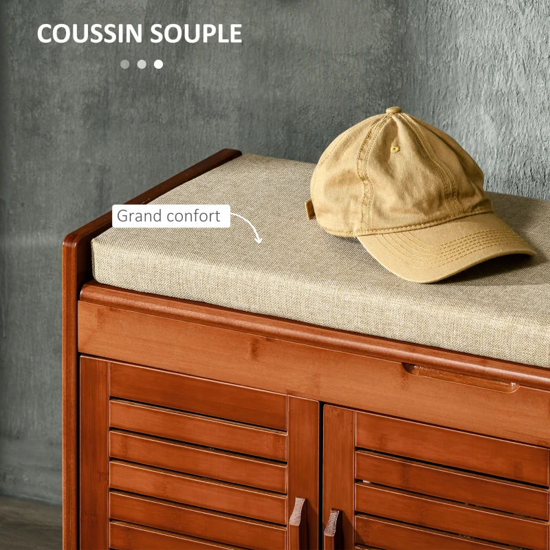 HOMCOM Banc à chaussures meuble à chaussures en bambou avec coussin d'assise, 3 portes et compartiment caché, marron