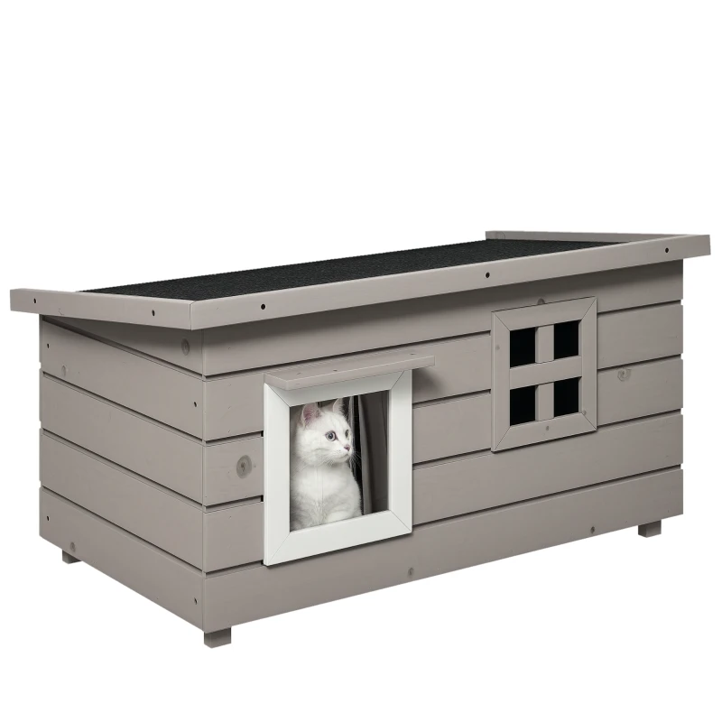 Casa din lemn pentru pisici Pawhut, Canisa de adapost ridicata pentru pisici, Casuta de joaca pentru animale de companie, cu acoperis de asfalt, Cortina din PVC, Fereastra, 87 x 52 x 48 cm, Gri