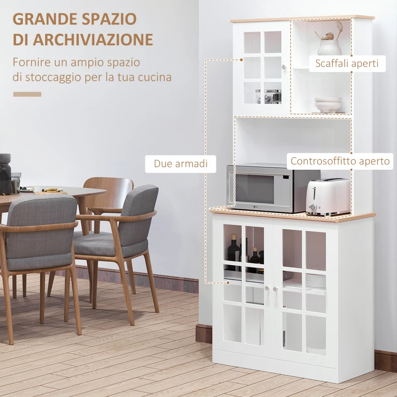 HOMCOM Credenza Moderna in Legno MDF Bianco con 2 Vetrinette e 1 Scaffale con Mensole Regolabili, 80 x 37 x 183 cm