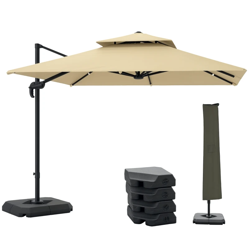 Outsunny 2.7 x 2.7 m Cantilever Parasol with Aluminium Frame, Crank and Tilt, 360-Degree Rotation, Double Top Garden Umbrella with Base and Cover, Khaki
