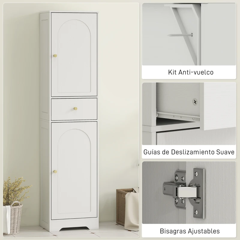 HOMCOM Armario Alto de Baño Estrecho con 2 Puertas Arqueadas Cajón y Estantes Ajustables Moderno 40x29,5x170 cm Blanco Veteado