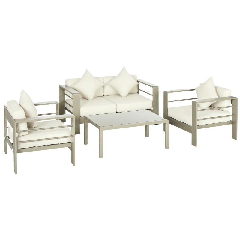 Outsunny 4 Pieces Outdoor Garden Furniture Set, Aluminium Frame Backyard Furniture w/ Thick Padded Cushioned Loveseat, 2 Chairs, and Glass Top Table, Champagne Gold