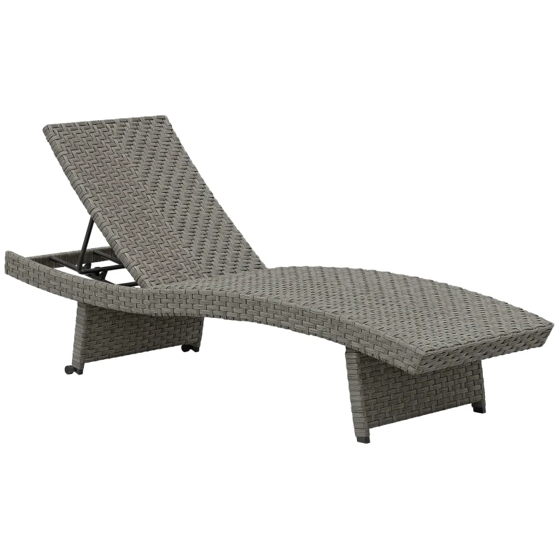 Outsunny Outdoor PE Rattan Sun Lounger, Folding Wicker Garden Lounger Recliner with 4-Level Adjustable Backrest, Rolling Sunbed Lounge Chair with Wheels, Non-Slip Legs for Balcony, Beach, Mixed-grey