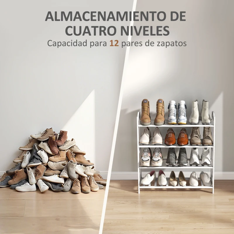 HOMCOM Estantería para Zapatos de Bambú para 12 Pares de Zapatos para Entrada Pasillo Dormitorio 67,5x24,7x72 cm Blanco