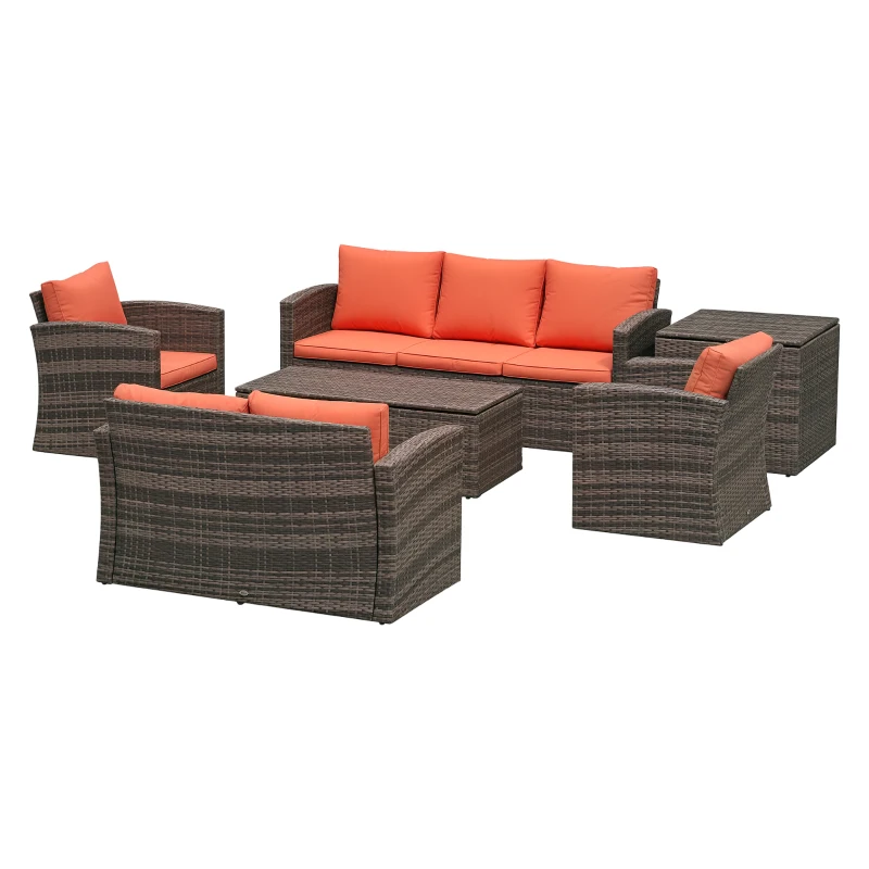 Outsunny 6 Pieces Rattan Garden Furniture Set, 7 Seater Wicker Outdoor Furniture Set with Storage Tea Table & Side Table, Sectional Garden Sofa Set with Cushions, Orange